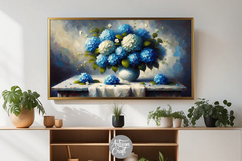 Blue Hydrangea Frame TV art, hydrangea frame tv art Digital Pattern Artisan Craft SVG 