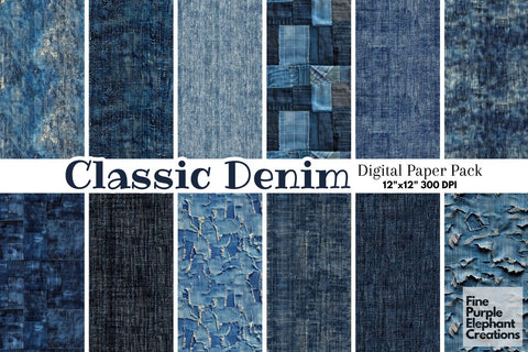 Blue Jean Denim Digital Paper - Textured Worn Distressed Cowboy America Digital Pattern Fine Purple Elephant Creations 