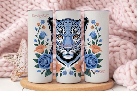 Blue Leopard Floral 20oz Tumbler Wrap Sublimation DesignSVG 