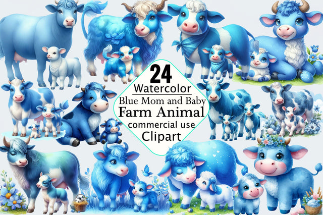Blue Mom and Baby Farm Animal Clipart Bundle Sublimation SVGArt 