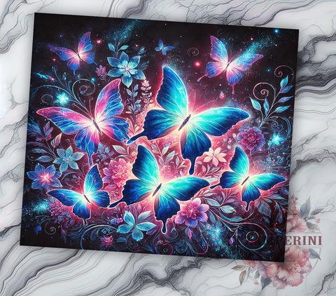 Blue Pink Butterflies Glowing Colorful Tumbler Wrap, Glowing Tumbler, 20oz Drinkware, Butterfly Sublimation, Colorful Tumbler Design, Butterfly Gifts, Floral Tumbler Wrap Sublimation Li Zamperini 