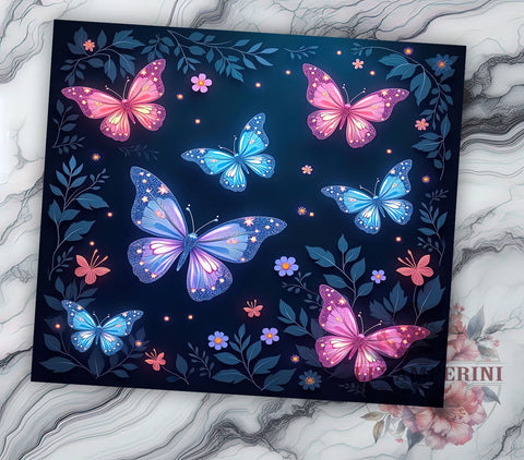 Blue Pink Butterflies Glowing Colorful Tumbler Wrap, Glowing Tumbler, 20oz Drinkware, Butterfly Sublimation, Colorful Tumbler Design, Butterfly Gifts, Floral Tumbler Wrap Sublimation Li Zamperini 