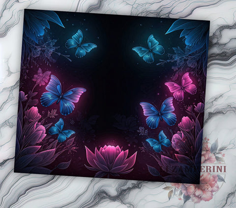 Blue Pink Butterflies Glowing Colorful Tumbler Wrap, Glowing Tumbler, 20oz Drinkware, Butterfly Sublimation, Colorful Tumbler Design, Butterfly Gifts, Floral Tumbler Wrap Sublimation Li Zamperini 