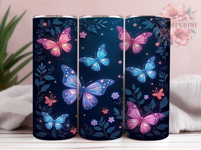 Blue Pink Butterflies Glowing Colorful Tumbler Wrap, Glowing Tumbler, 20oz Drinkware, Butterfly Sublimation, Colorful Tumbler Design, Butterfly Gifts, Floral Tumbler Wrap Sublimation Li Zamperini 