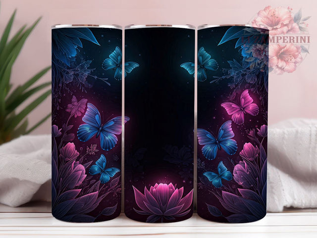 Blue Pink Butterflies Glowing Colorful Tumbler Wrap, Glowing Tumbler, 20oz Drinkware, Butterfly Sublimation, Colorful Tumbler Design, Butterfly Gifts, Floral Tumbler Wrap Sublimation Li Zamperini 