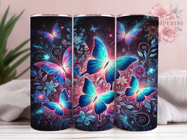 Blue Pink Butterflies Glowing Colorful Tumbler Wrap, Glowing Tumbler, 20oz Drinkware, Butterfly Sublimation, Colorful Tumbler Design, Butterfly Gifts, Floral Tumbler Wrap Sublimation Li Zamperini 