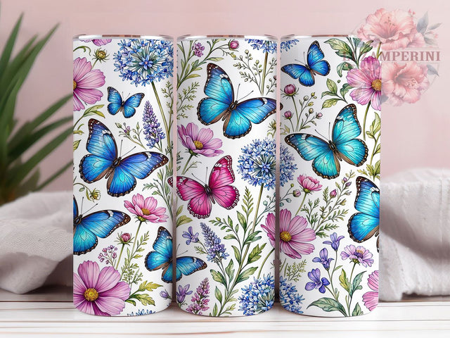 Blue Pink Butterfly Wildflower 20oz Tumbler, Blue Accent, Pink Highlight, Butterfly Motif, Wildflower Theme, Sublimation Wrap, 20oz Tumbler, Whimsical Charm Sublimation Li Zamperini 
