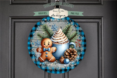 Blue Plaid Gingerbread with Cocoa | Round Sublimation PNG Sublimation Ewe-N-Me Designs 