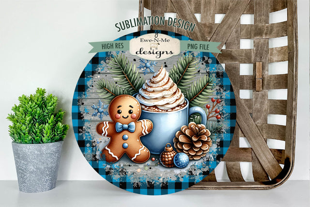 Blue Plaid Gingerbread with Cocoa | Round Sublimation PNG Sublimation Ewe-N-Me Designs 
