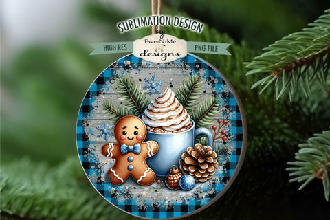 Blue Plaid Gingerbread with Cocoa | Round Sublimation PNG Sublimation Ewe-N-Me Designs 
