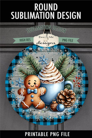 Blue Plaid Gingerbread with Cocoa | Round Sublimation PNG Sublimation Ewe-N-Me Designs 