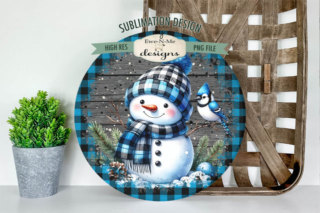 Blue Plaid Snowman with Bird | Round Sublimation Design PNG Sublimation Ewe-N-Me Designs 