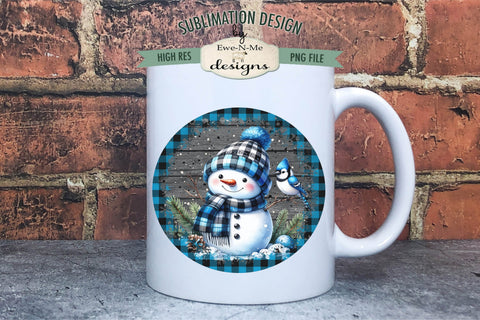 Blue Plaid Snowman with Bird | Round Sublimation Design PNG Sublimation Ewe-N-Me Designs 