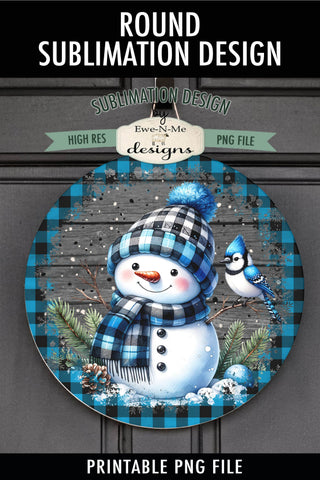 Blue Plaid Snowman with Bird | Round Sublimation Design PNG Sublimation Ewe-N-Me Designs 