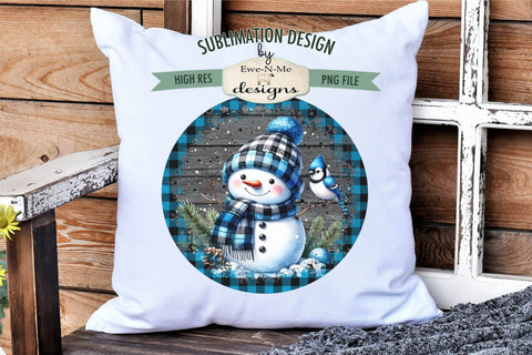 Blue Plaid Snowman with Bird | Round Sublimation Design PNG Sublimation Ewe-N-Me Designs 