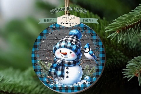 Blue Plaid Snowman with Bird | Round Sublimation Design PNG Sublimation Ewe-N-Me Designs 
