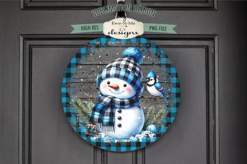 Blue Plaid Snowman with Bird | Round Sublimation Design PNG Sublimation Ewe-N-Me Designs 