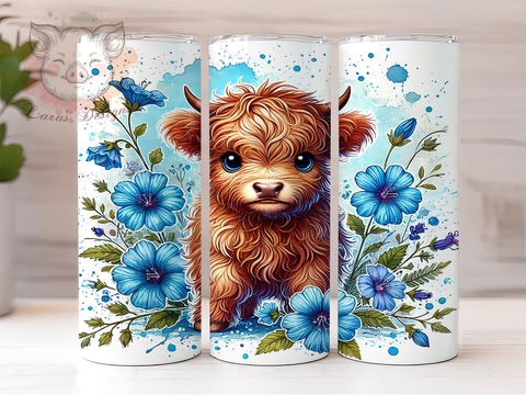 Blue Poppy Baby Highland Cow Floral Tumbler Wrap, 20oz Tumbler Wrap, Floral Sublimation, Highland Cow Gifts, Cute Cow Drinkware, Farm Animal Tumbler Sublimation Lara' s Designs 