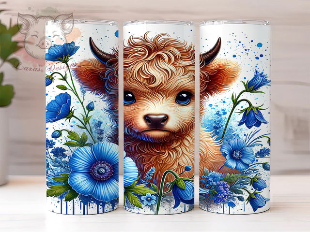 Blue Poppy Baby Highland Cow Floral Tumbler Wrap, 20oz Tumbler Wrap, Floral Sublimation, Highland Cow Gifts, Cute Cow Drinkware, Farm Animal Tumbler Sublimation Lara' s Designs 