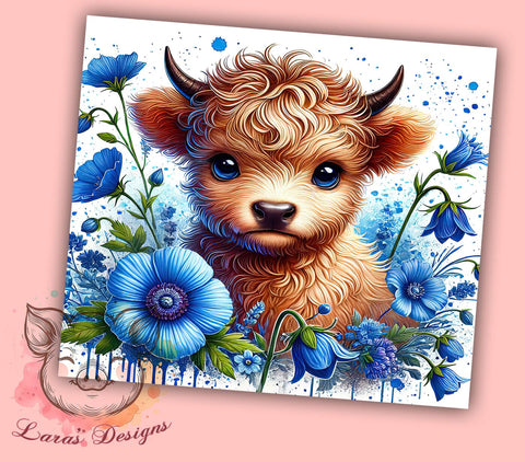 Blue Poppy Baby Highland Cow Floral Tumbler Wrap, 20oz Tumbler Wrap, Floral Sublimation, Highland Cow Gifts, Cute Cow Drinkware, Farm Animal Tumbler Sublimation Lara' s Designs 