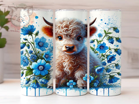 Blue Poppy Baby Highland Cow Floral Tumbler Wrap, 20oz Tumbler Wrap, Floral Sublimation, Highland Cow Gifts, Cute Cow Drinkware, Farm Animal Tumbler Sublimation Lara' s Designs 