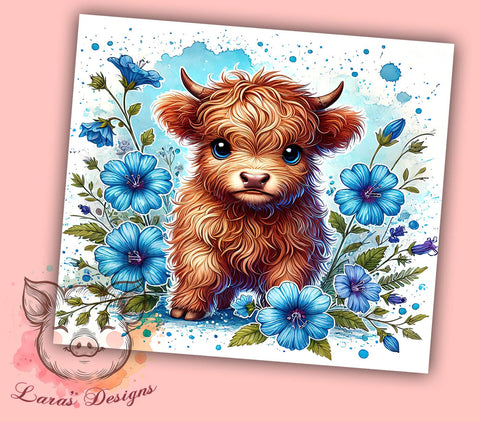 Blue Poppy Baby Highland Cow Floral Tumbler Wrap, 20oz Tumbler Wrap, Floral Sublimation, Highland Cow Gifts, Cute Cow Drinkware, Farm Animal Tumbler Sublimation Lara' s Designs 