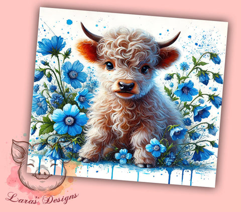 Blue Poppy Baby Highland Cow Floral Tumbler Wrap, 20oz Tumbler Wrap, Floral Sublimation, Highland Cow Gifts, Cute Cow Drinkware, Farm Animal Tumbler Sublimation Lara' s Designs 