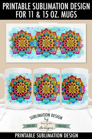 Blue Rainbow Mandala 11 & 15 oz Sublimation Mug Design Sublimation Ewe-N-Me Designs 