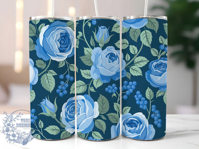 Blue Romantic Floral Tumbler, Floral Art, Botanical Design, Romantic Flowers, Vibrant Pattern, 20Oz Tumbler, Sublimation Wrap Sublimation ToriDesigns 