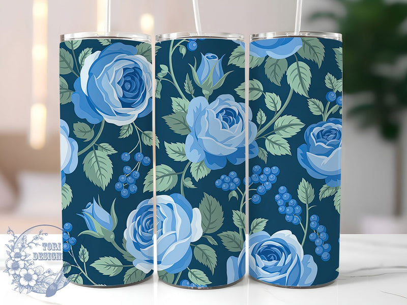 Blue Romantic Floral Tumbler, Floral Art, Botanical Design, Romantic Flowers, Vibrant Pattern, 20Oz Tumbler, Sublimation Wrap Sublimation ToriDesigns 
