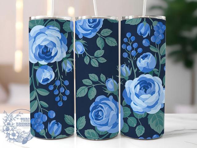 Blue Romantic Floral Tumbler, Floral Art, Botanical Design, Romantic Flowers, Vibrant Pattern, 20Oz Tumbler, Sublimation Wrap Sublimation ToriDesigns 
