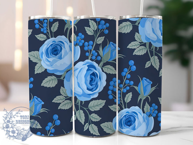 Blue Romantic Floral Tumbler, Floral Art, Botanical Design, Romantic Flowers, Vibrant Pattern, 20Oz Tumbler, Sublimation Wrap Sublimation ToriDesigns 