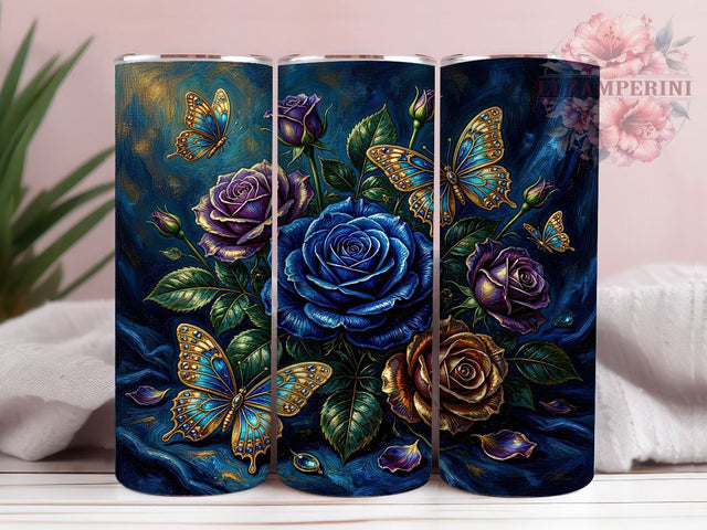 Blue Rose Butterfly 20oz Tumbler Wrap, Floral Butterfly, Nature Inspiration, Whimsical Design, Inspirational Gift, 20oz Tumbler Wrap, Sublimation PNG Sublimation Li Zamperini 