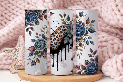 Blue Rose & Leopard 20oz Tumbler Wrap Sublimation DesignSVG 