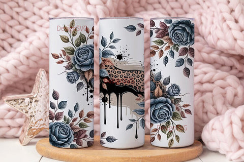 Blue Rose & Leopard 20oz Tumbler Wrap Sublimation DesignSVG 