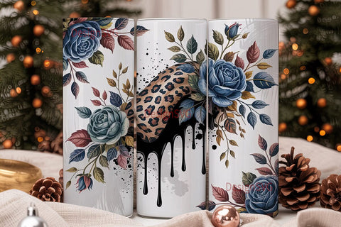 Blue Rose & Leopard 20oz Tumbler Wrap Sublimation DesignSVG 