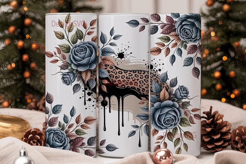 Blue Rose & Leopard 20oz Tumbler Wrap Sublimation DesignSVG 