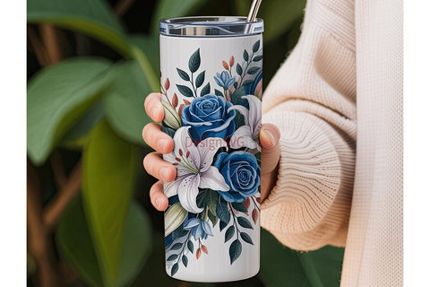 Blue Rose & Lily 20oz Tumbler Wrap Sublimation DesignSVG 