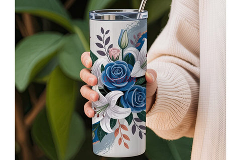 Blue Rose & Lily 20oz Tumbler Wrap Sublimation DesignSVG 