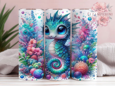 Blue Seahorse Ocean Glitter 20oz Tumbler, Ocean Glitter, Baby Seahorse, Sparkling Eyes, Floral Ocean, Skinny Tumbler, Sublimation PNG Sublimation Li Zamperini 