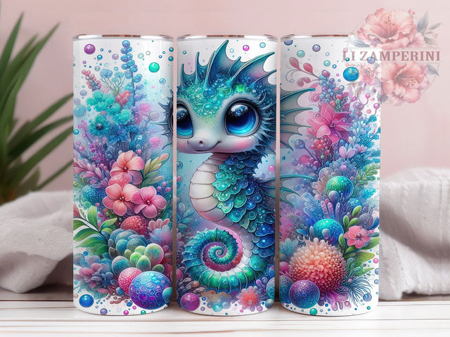 Blue Seahorse Ocean Glitter 20oz Tumbler, Ocean Glitter, Baby Seahorse, Sparkling Eyes, Floral Ocean, Skinny Tumbler, Sublimation PNG Sublimation Li Zamperini 