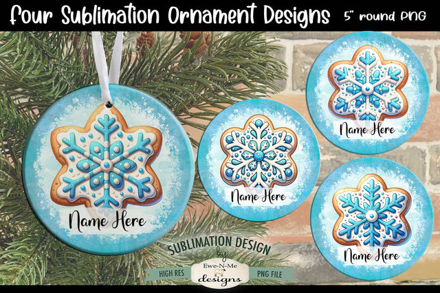 Blue Snowflake Cookie Ornament Designs PNG Files | Add Name Sublimation Ewe-N-Me Designs 