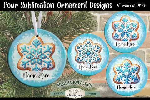 Blue Snowflake Cookie Ornament Designs PNG Files | Add Name Sublimation Ewe-N-Me Designs 