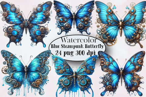 Blue Steampunk Butterfly Clipart PNG Sublimation SVGArt 
