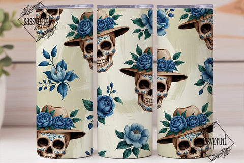 Blue Sugar Skull Floral Tumbler Wrap Sublimation sassyprint 
