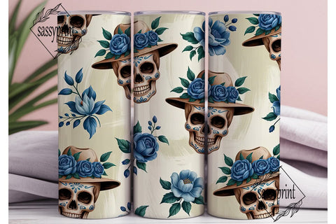 Blue Sugar Skull Floral Tumbler Wrap Sublimation sassyprint 