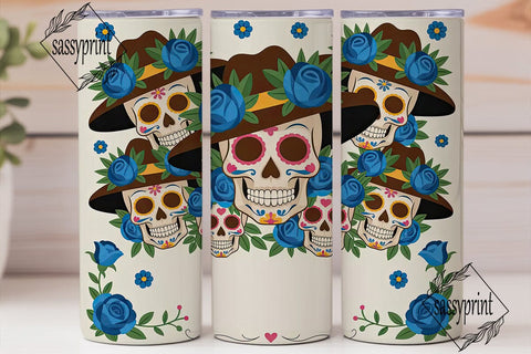 Blue Sugar Skull Floral Tumbler Wrap Sublimation sassyprint 