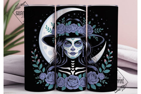 Blue Sugar Skull Witch 20oz Tumbler Wrap Sublimation sassyprint 