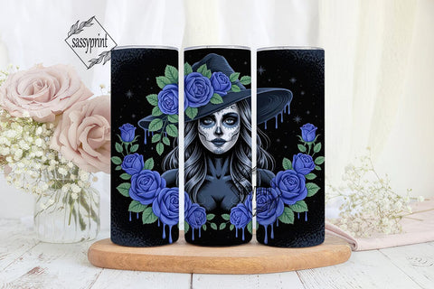 Blue Sugar Skull Witch 20oz Tumbler Wrap Sublimation sassyprint 