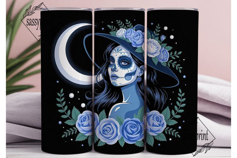 Blue Sugar Skull Witch 20oz Tumbler Wrap Sublimation sassyprint 